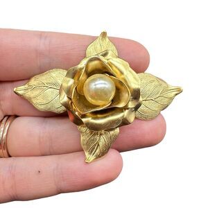 Vintage Gold Tone Rose Brooch with Pearl Center